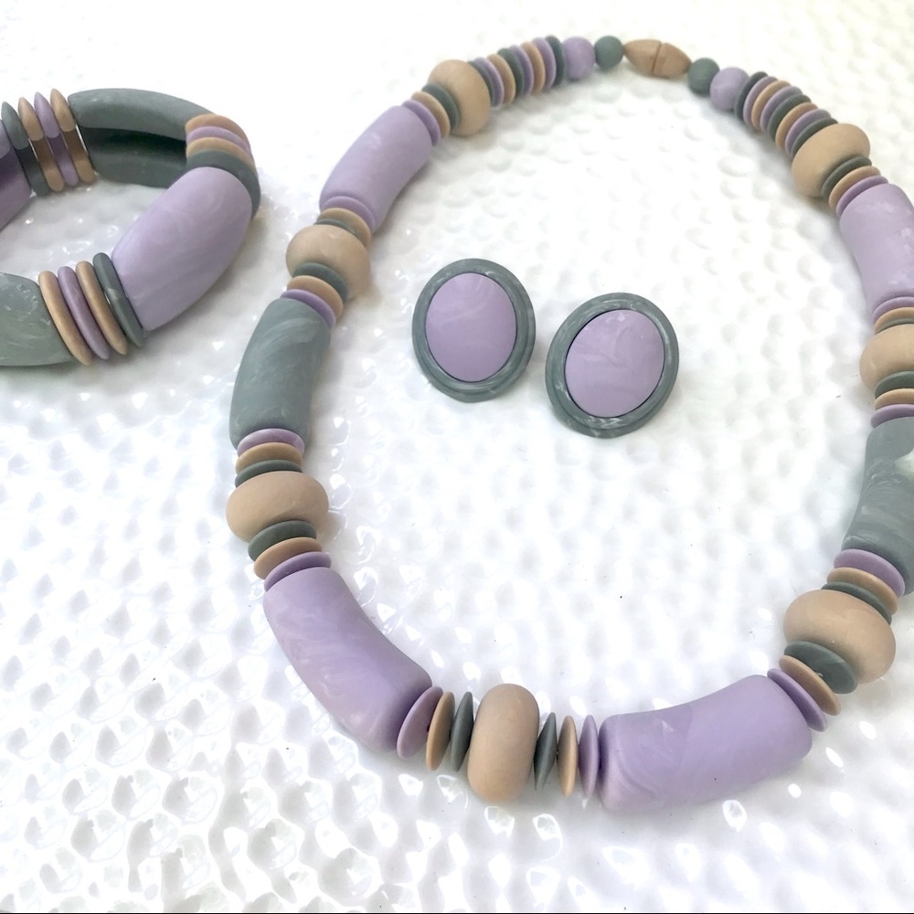 Vintage 80’s dusty pastel chunky beaded minimalist necklace earrings & bracelet